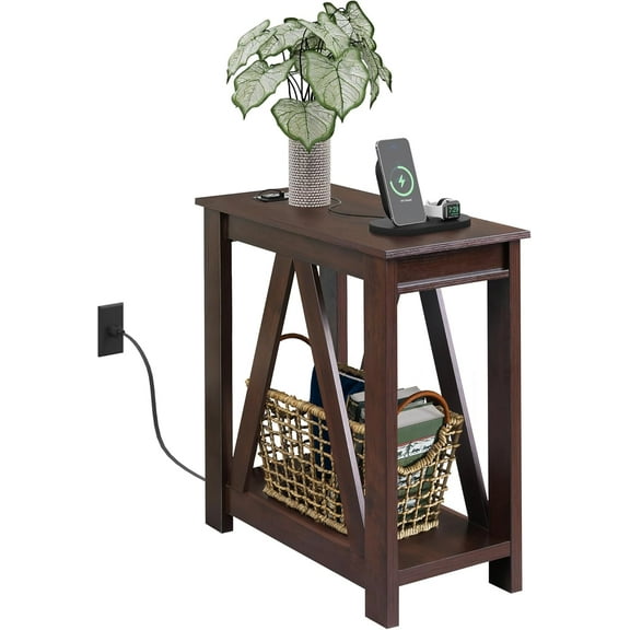 Narrow End Table with Charging Station of Open Storage Shelf，Sofa Side Table with 2 USB Ports and 2 Power Outlets，Slim Farmhouse End Table for Small Spaces，Bedroom, Living Room, Espresso