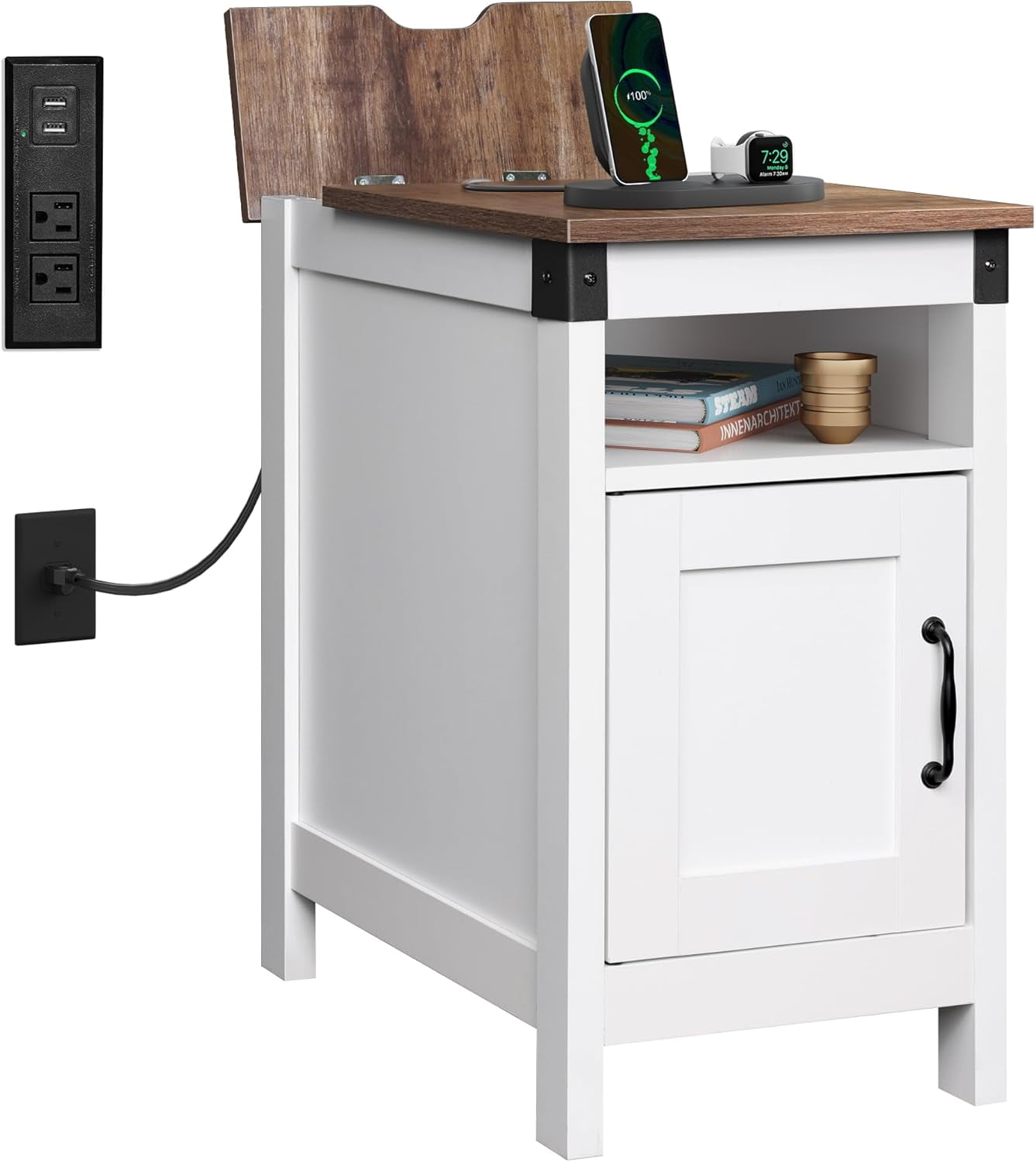White and Brown Narrow End Table with Charging Station