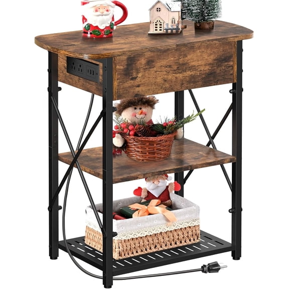Narrow End Table with Charging Station, Side Table with 3 USB Ports and 2 AC Outlets, Flip Top End Table with Storage, Nightstand with Drawer, Side Tables Living Room, Bedroom, Brown