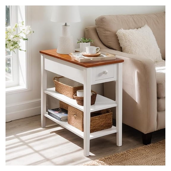 Narrow End Table with Charging Station, Side Table Living Room with USB Ports & Power Outlets and Drawer, 3-Tier Skinny Nightstand with 2 Open Storage Shelves (White)