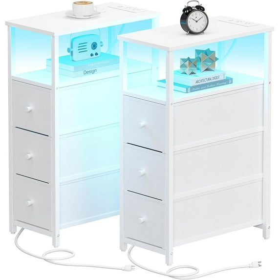 PrimeCook Shop Narrow LED Night Stand with Charging Station, Slim End Table with Plugins, Tall Side Table with 3 Fabric Drawer, Small Bedside Table with Storage, Set of 2, for Living Room, White