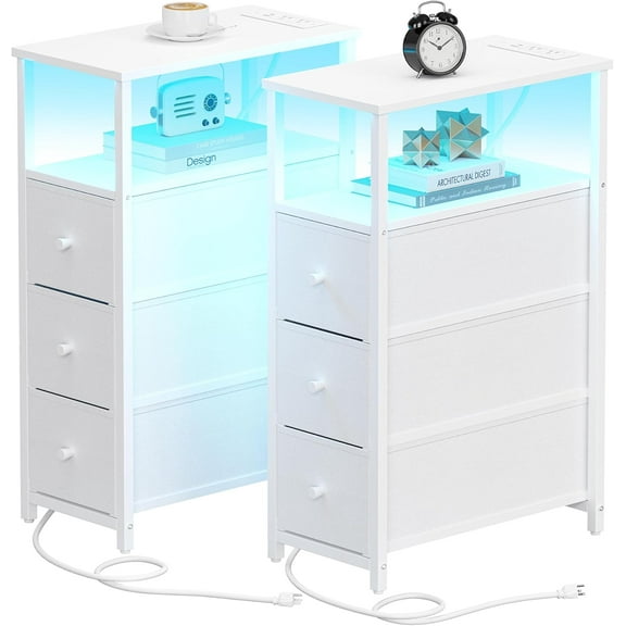 PrimeCook Shop Narrow LED Night Stand with Charging Station, Slim End Table with Plugins, Tall Side Table with 3 Fabric Drawer, Small Bedside Table with Storage, Set of 2, for Living Room, White