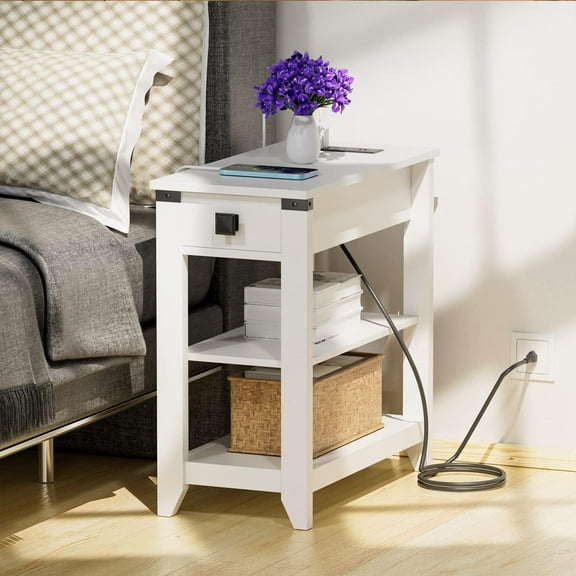 Narrow End Table with Charging Station, Side Table with USB Ports and Outlets, Nightstand for Small Spaces, Slim Sofa Side Table with Storage Drawer for Living Room, Bedroom, White