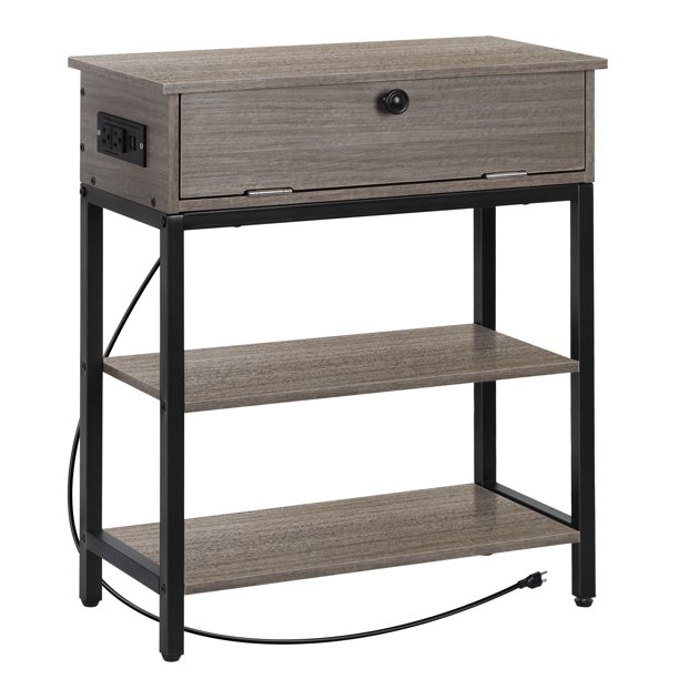 Narrow End Table with Charging Station Sofa Side Table with Storage Shelf, Power Outlets & USB