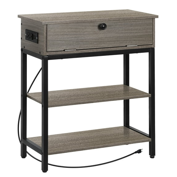 Narrow Gray End Table with Charging Station, USB Ports, Storage Shelf & Pull-Down Drawer