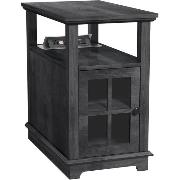 Narrow End Table with Flip Top Charging Station and Storage Cabinet, Type-C & USB Port & Power outlets, Adjustable Shelf, Blackgray Side Table with Storage for Living Room and Bedroom