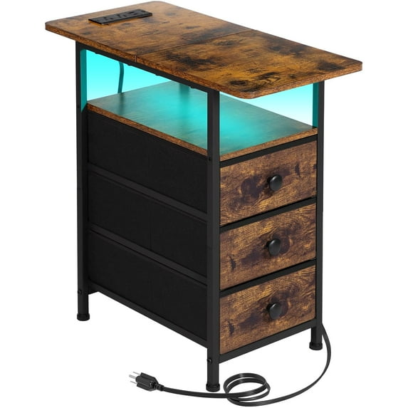 Narrow End Table Living Room with Charging Station, Slim LED Nightstand with Fabric Drawers, Skinny Side Table for Bedroom, Small Spaces, Couch, Rustic Brown