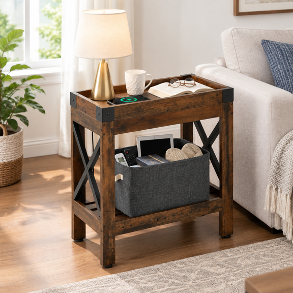 Narrow End Table Rustic Brown Industrial Style