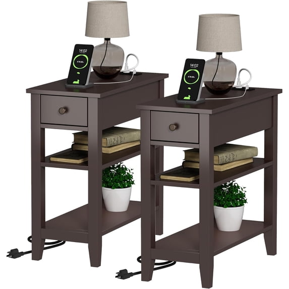 Narrow End Table Set of 2,Side Table Living Room with USB Ports & Power Outlets and Hidden Drawer, 3-Tier Skinny Nightstand with 2 Open Storage Shelves for Small Place(Espresso)