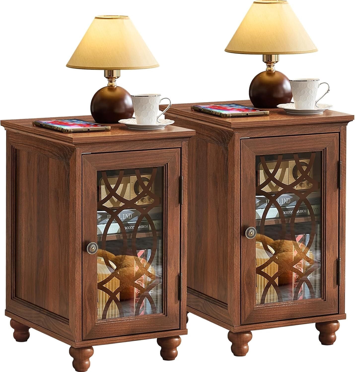 Narrow End Table Set of 2 with Shelf & Door, Farmhouse Rustic Wood Side Table for Living Room, Bedroom, Blue