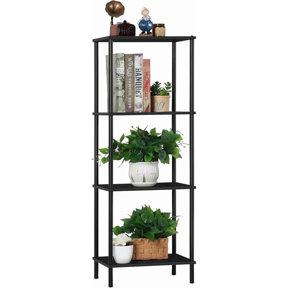 Narrow End Table Tall Black Side Table 4 Tier Wooden Metal Modern Plant Flower Display Stand Rack with Storage for Living Room Bedroom Bathroom