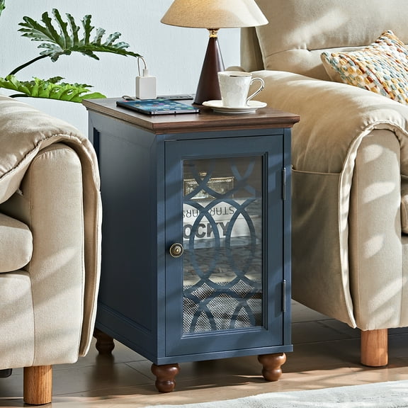 Narrow End Table for Bedroom with Charging Station, Farmhouse Side Tables for Small Space with Drawer, Blue