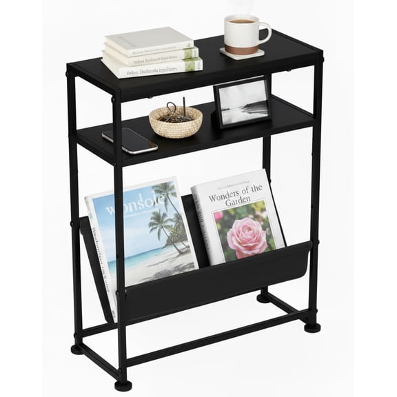 Narrow End Table for Small Spaces - Slim Side Table with Holder,2 in 1 Design Narrow Coffee Table Room,Skinny Nightstand Thin Side Table,Black