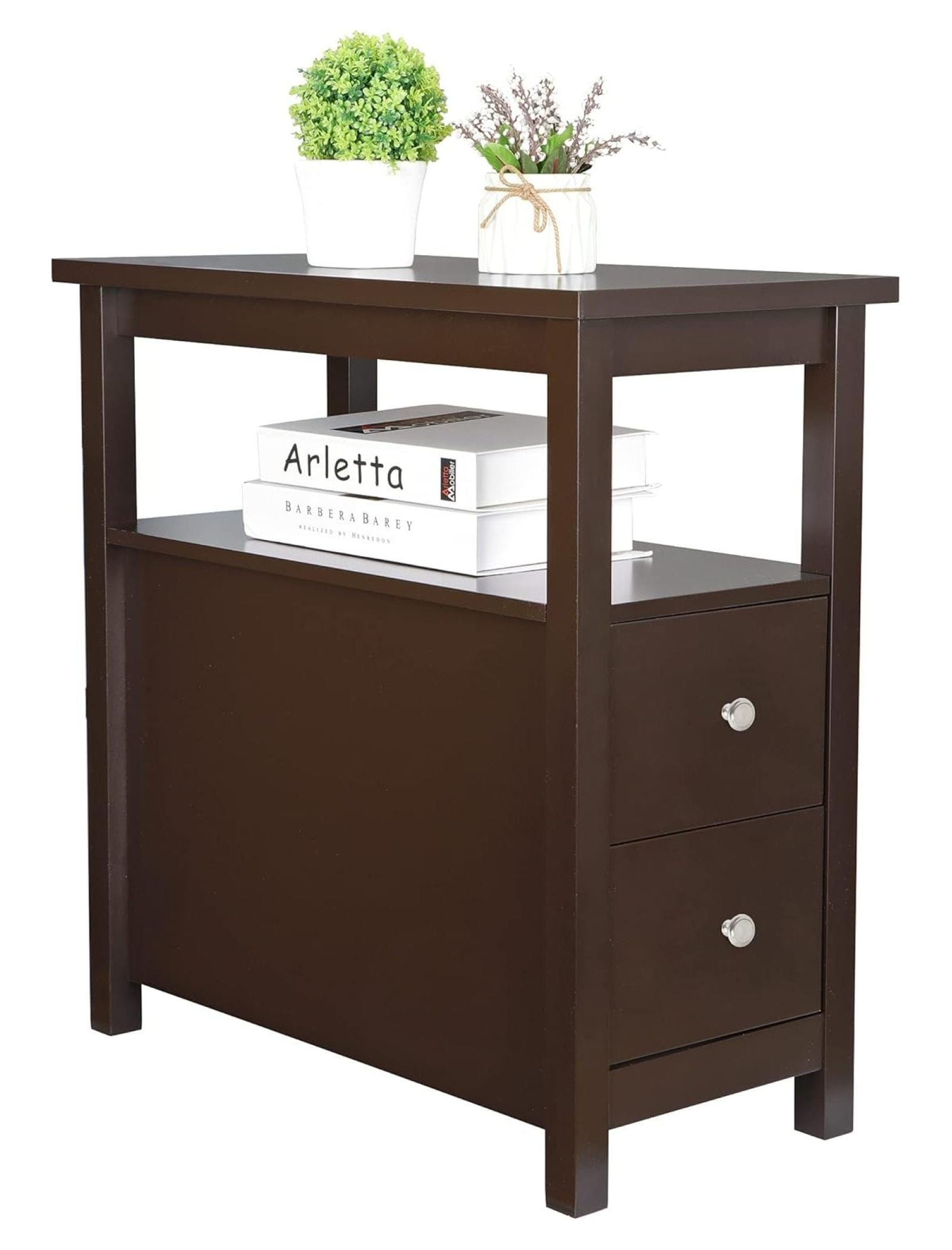 Narrow End Table with 2 Drawers Sofa Side Table & Open Storage Shelf for Office Living Room Bedroom Bedside, Espresso
