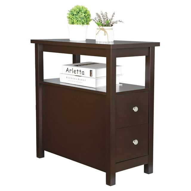Narrow End Table with 2 Drawers Sofa Side Table & Open Storage Shelf for Office Living Room Bedroom Bedside, Espresso