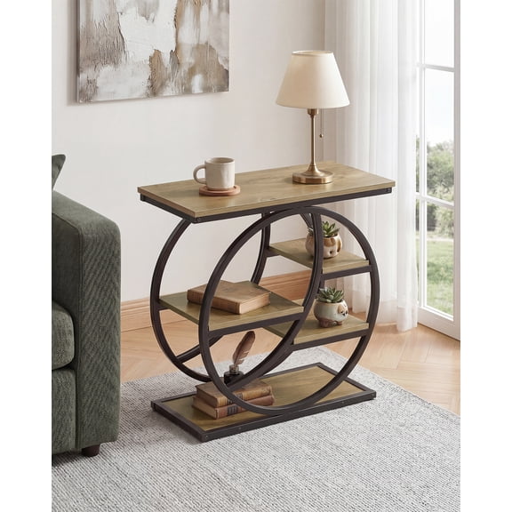Narrow End Table with 4-Tier Storage Shelves, Slim Side Table for Living Room, Bedroom & Home Office, Rustic Wood Accent Table with Metal Frame