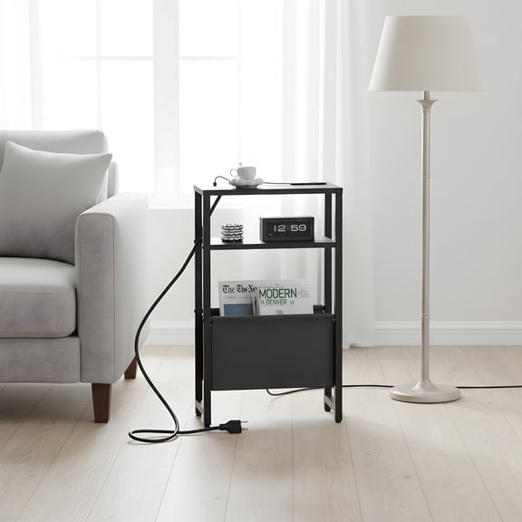 Narrow End Table with Charging Station - 3-Tier Nightstand for Small Spaces