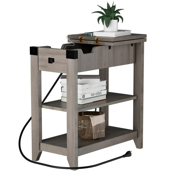 Narrow End Table with Charging Station, Wood Flip Top Side Table for Living Room Bedroom, Farmhouse Gray
