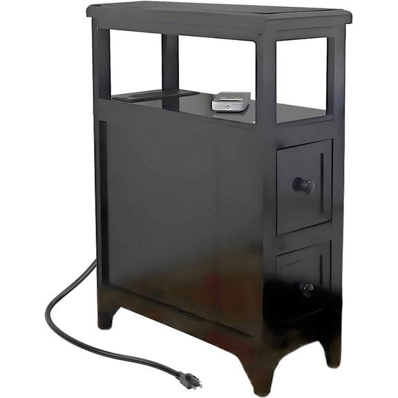 Narrow End Table with Charging Station, Night Stand with Drawers, Wooden Bedside Stand, Skinny Bedstand (1, Black, 8")