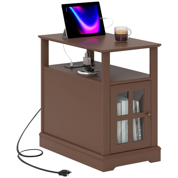 Narrow End Table with Charging Station, Small Side Table with USB Ports and Outlets, Hidden Storage and Open Shelf for Living Room, Brown MDF