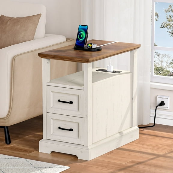 Hommpa 2 Drawers End Tables With Charging Station For Living Room, Farmhouse Narrow Sofa Side Table For Small Spaces, Nightstand Bedside Table with Storage For Bedroom, Rustic White