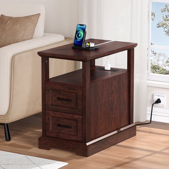 Hommpa 2 Drawers End Tables With Charging Station For Living Room, Farmhouse Narrow Sofa Side Table For Small Spaces, Nightstand Bedside Table with Storage For Bedroom, Brown