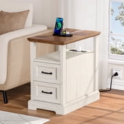 Hommpa 2 Drawers End Tables With Charging Station For Living Room, Farmhouse Narrow Sofa Side Table For Small Spaces, Nightstand Bedside Table with Storage For 