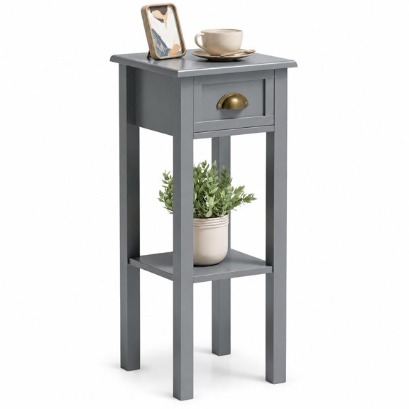 Narrow End Table with Drawer and Bottom Shelf, Single Gray, Slim Modern Telephone Table for Small Spaces Living Room