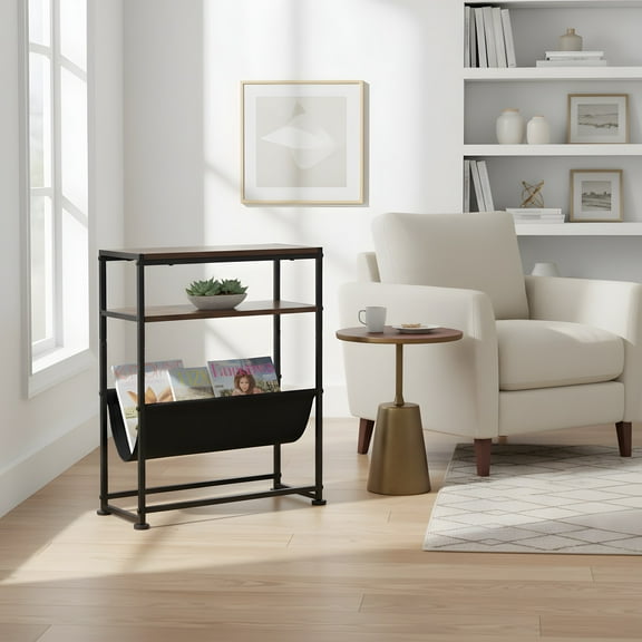 Narrow End Table with Magazine Holder - Rustic Side Table for Small Spaces