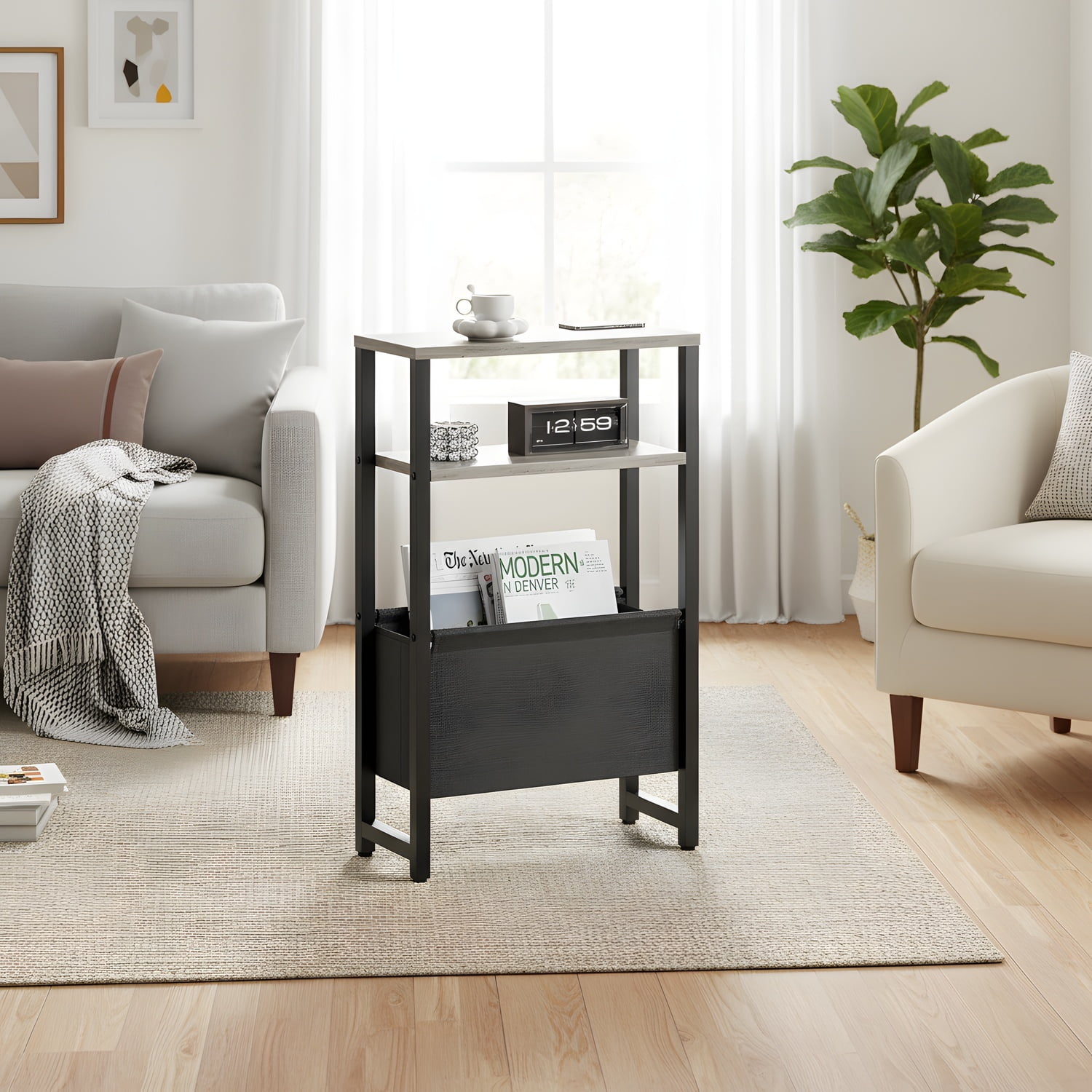 Narrow End Table with Magazine Rack - Classic Oak Grey Design - Walmart.com