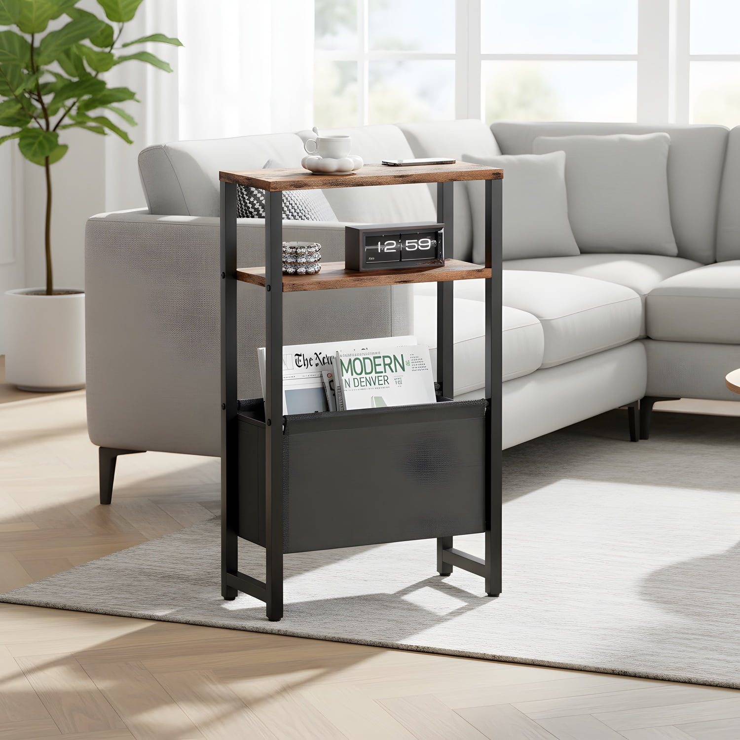 Narrow End Table with Magazine Rack - Rustic Brown Nightstand for Small ...