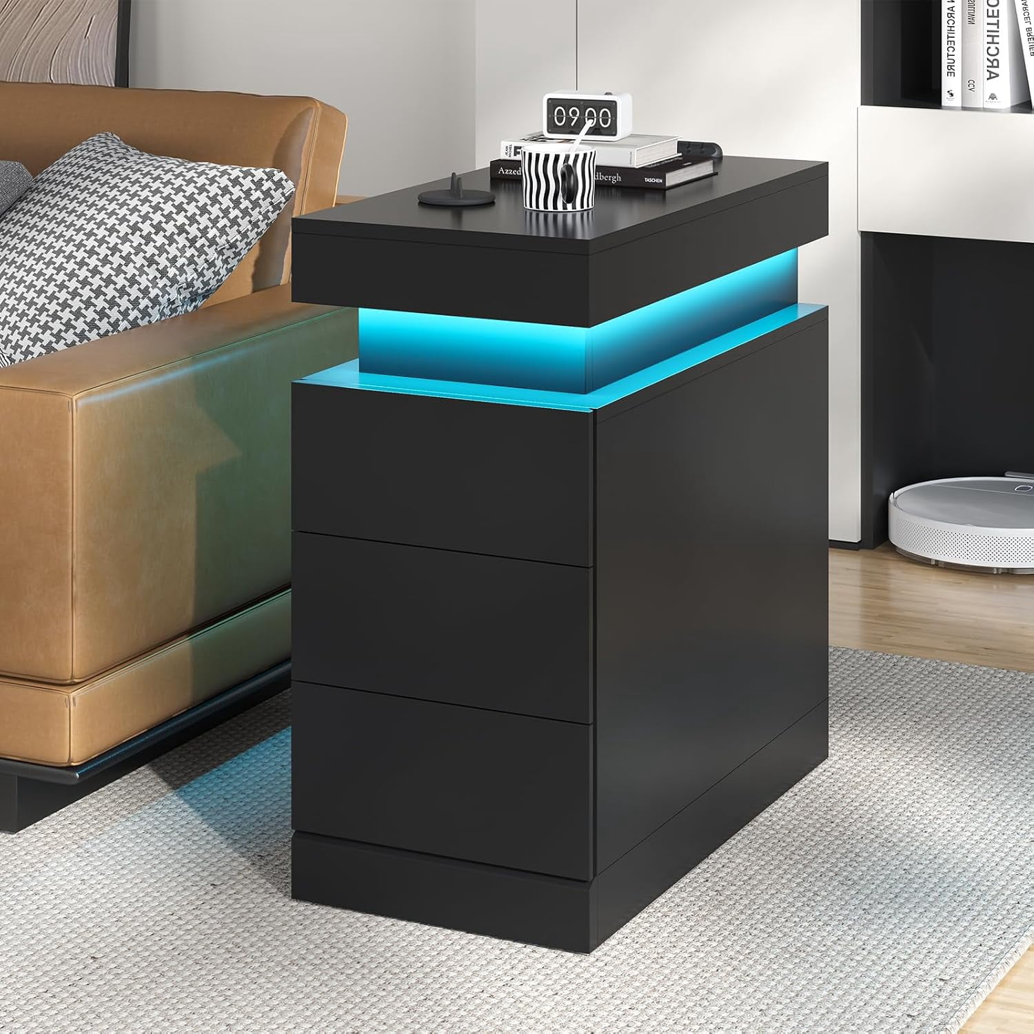 Narrow End Table with Sliding Top, Nightstand with Charging Station and 3 Drawers, Bedside Table for Living Room Bedroom Small Space, Black