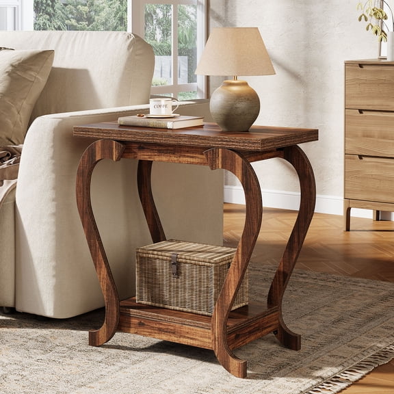 Narrow End Table with Storage Shelf, 2-Tier Wood Side Table for Living Room, Small Spaces, Bedroom, Farmhouse Bedside Accent Table