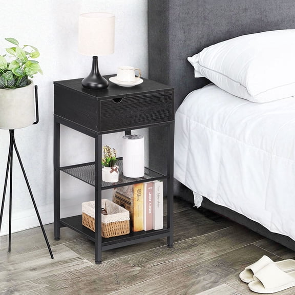Narrow End Table with USB Ports & Power Outlets, Sliding Top Nightstand for Small Spaces, Retro Side Table with Storage Shelf, Black