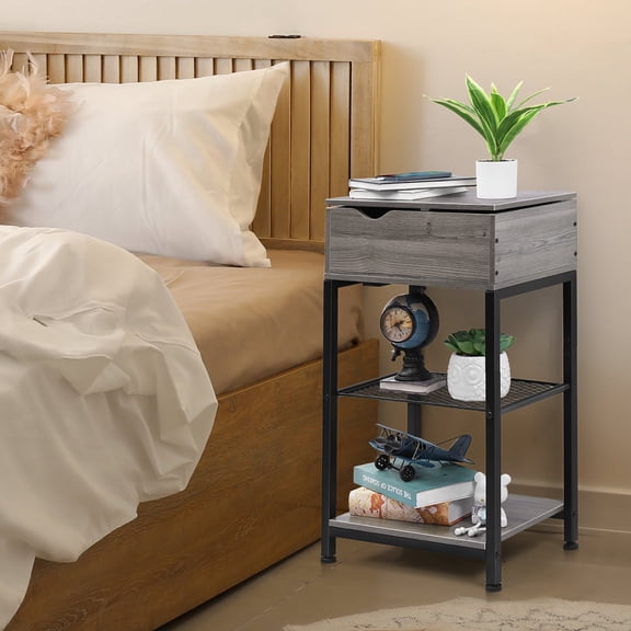 Narrow End Table with USB Ports & Power Outlets, Sliding Top Nightstand for Small Spaces, Retro Side Table with Storage Shelf, Gray