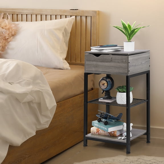 Narrow End Table with USB Ports & Power Outlets, Sliding Top Nightstand for Small Spaces, Retro Side Table with Storage Shelf, Gray