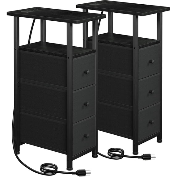 Narrow End Tables Living Room Set of 2 with Charging Station, Skinny Side Table with Fabric Drawers, Slim Nightstand for Bedroom, Small Spaces, Couch, Black