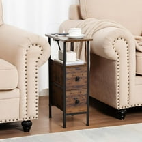 Narrow End Tables Living Room Set of 2 with Charging Station, Skinny Side Table with Fabric Drawers, Slim Nightstand for Bedroom, Small Spaces, Couch, Rustic Brown