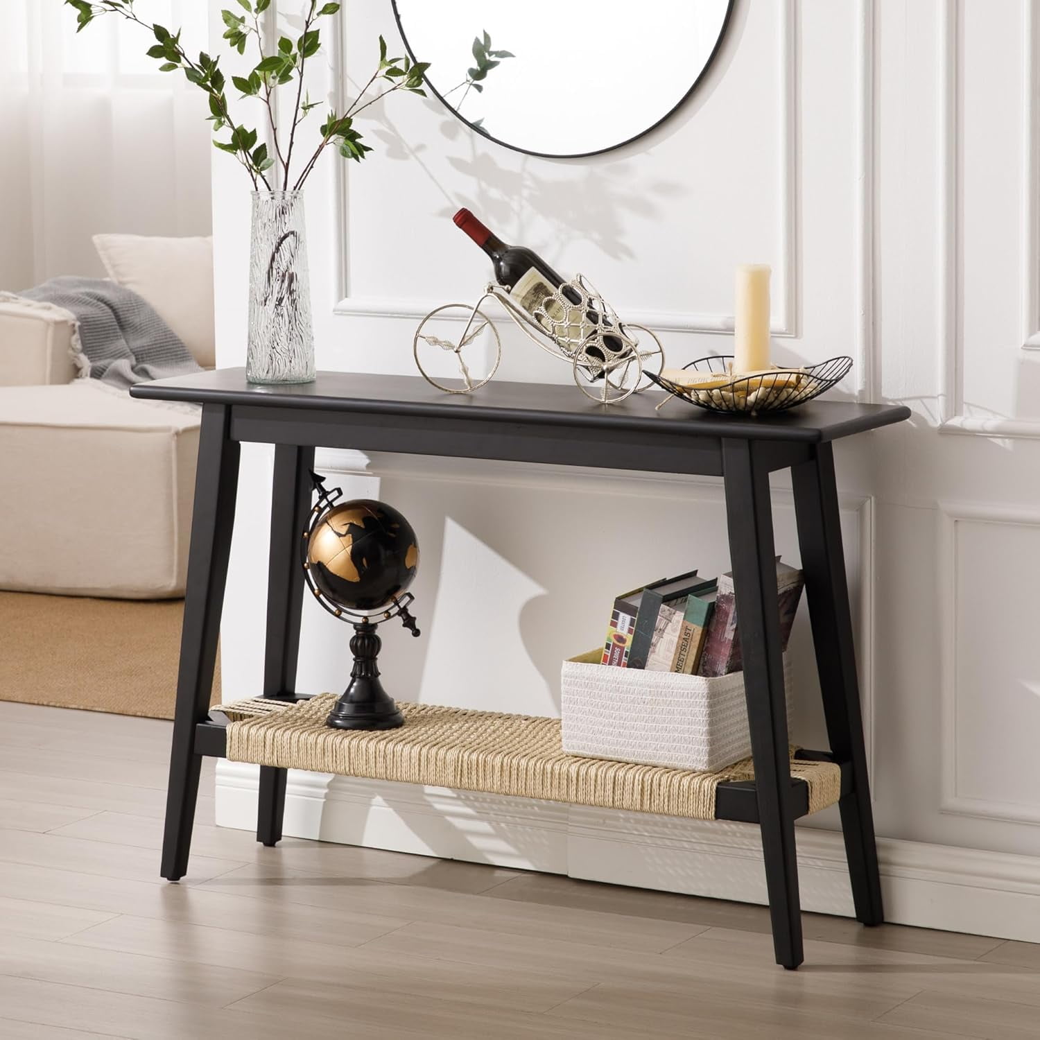Narrow Entryway Table with Rattan Storage Shelf 46" Farmhouse Console ...