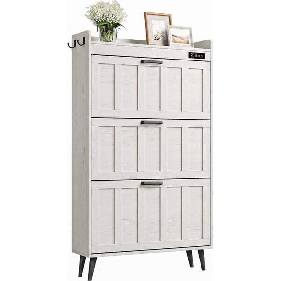 Narrow Farmhouse Shoe Storage Cabinet, Walnut, with 2 Flip Drawers, Built-In Deodorizer, and Side Hooks