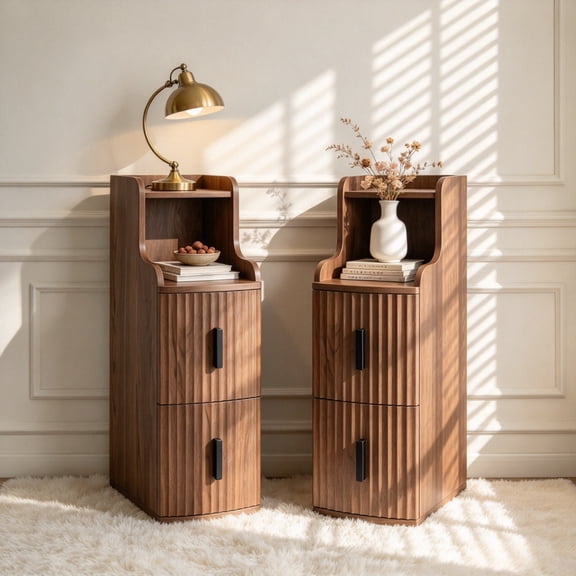 Narrow Fluted End Table with 2 Drawers, Slim Side Table for Small Spaces, Bedroom Living Room, Walnut