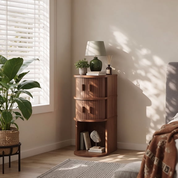 Narrow Fluted End Table with Sliding Door, Curved Accent Cabinetwith 2 Cabinets & Open Compartment for Living Room,Bedroom,Office