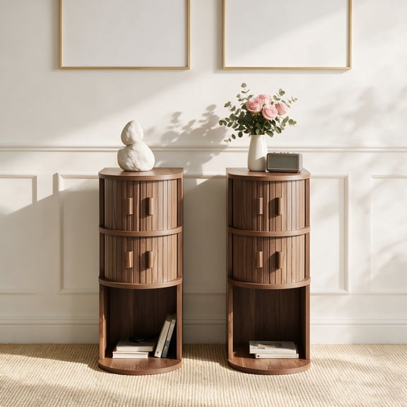 Narrow Fluted End Table with Sliding Door, Curved Side Table for Living Room,Bedroom,Office