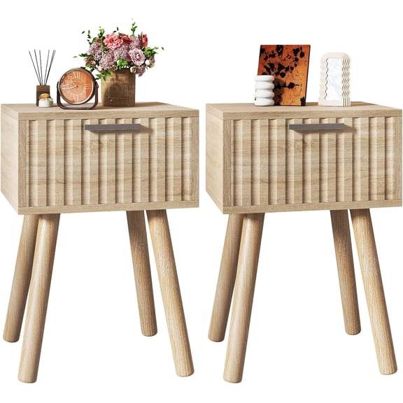 Narrow Fluted Nightstand Set of 2, Small End Table, Modern Coffee Table with Drawer, Solid Wood Legs, Retaining Chain, for Bedroom and Small Spaces, Natural UHST014R-2