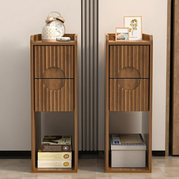Narrow Fluted Nightstand with 2 Drawers and Open Shelf, Wooden Nightstand End Table for Bedroom, Living Room, 2-Pack(Walnut)