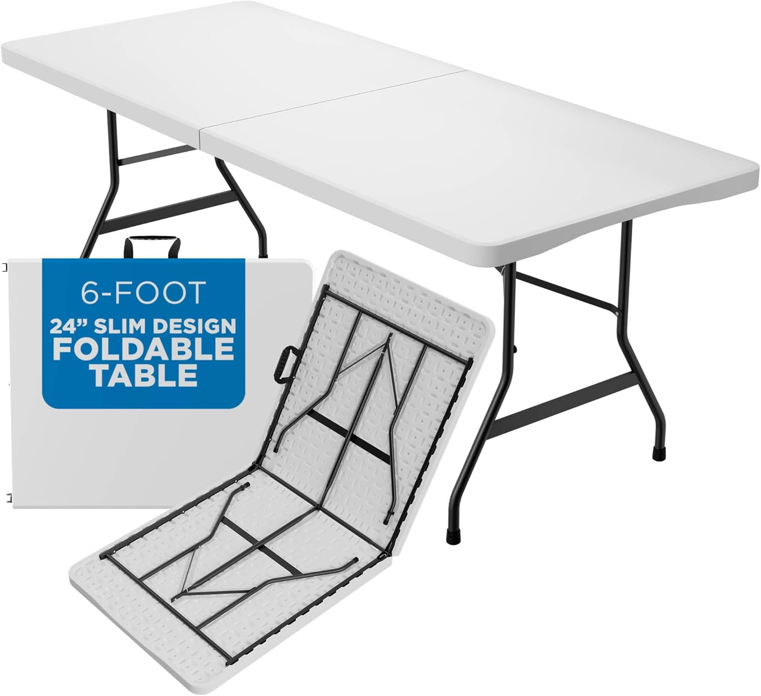 6-Foot White Plastic Narrow Folding Table with Steel Legs