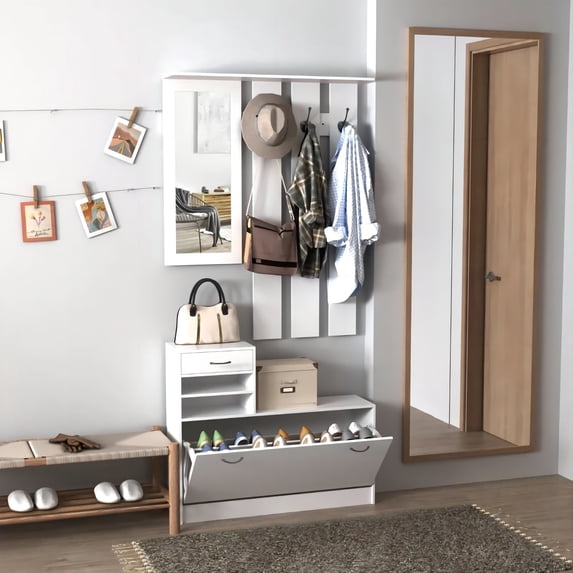 Narrow Freestanding Shoe Rack, Combination Model Gate Cabinet with Shoe cabinet+Hang shelf+ Mirror for Entryway,White