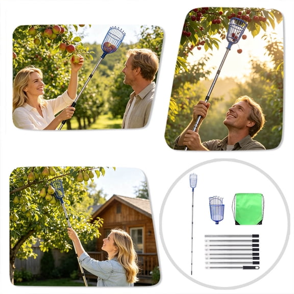 Narrow Gaps Cherry Fruit Picker,Adjustable Fruit Picker Pole with Basket for Small Fruits,Grid Spacing,Lightweight & Sturdy Metal Pole,Soft Rubber Tips,Ideal for Cherries