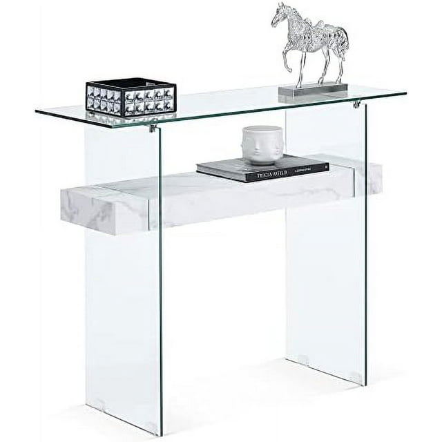 Narrow Glass Console Table with   Sofa Table Entryway Table Glass Writing Desk Small Computer Desk TV Table Buffet Table  Accent Table for Small Space (White  39.4)