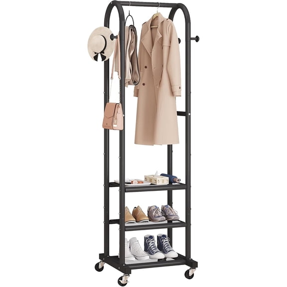 Narrow Hall Tree for Small Space, Small Coat Rack with Shoe Shelves, Tall Free Standing Metal Garment Rack on Wheels and Hanging Hooks for Entryway, Mud Room, Laundry Room – Black